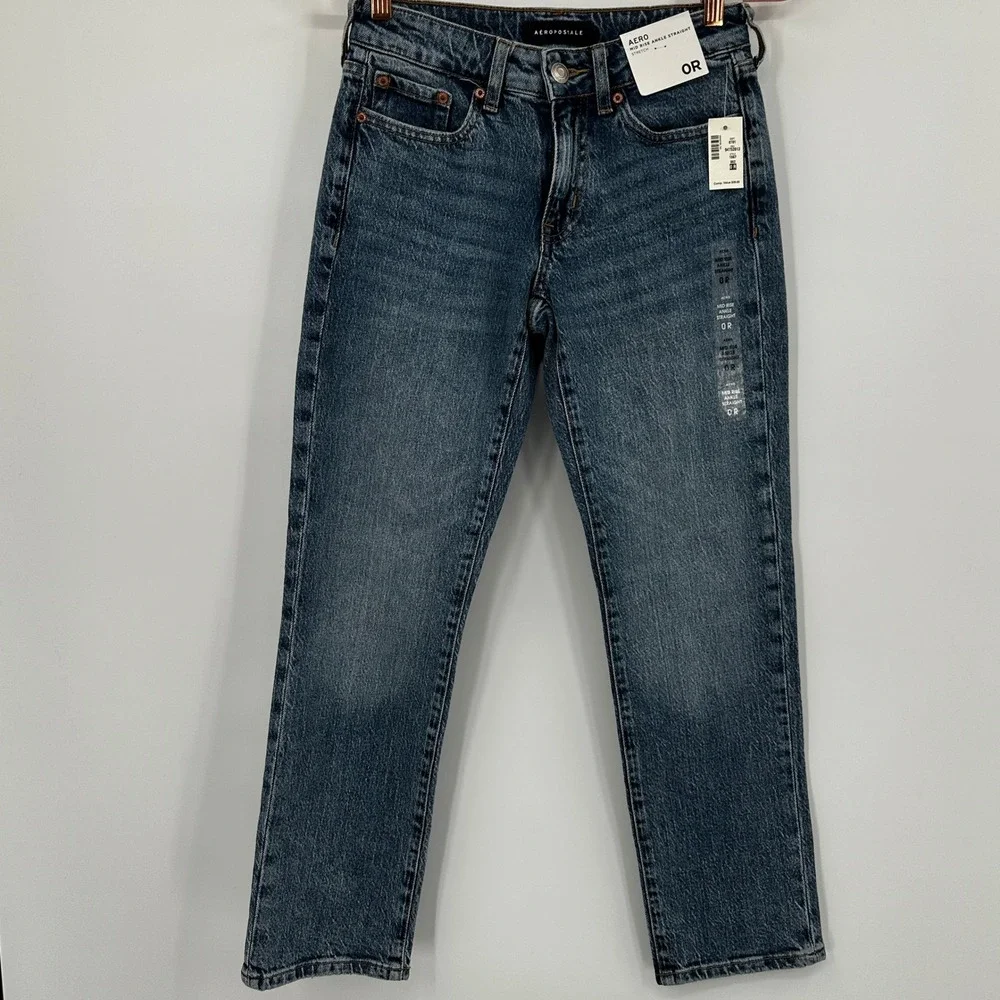 Aeropostale Womens Mid Rise Ankle Straight Jeans Blue‎ Medium Wash Size 0R New